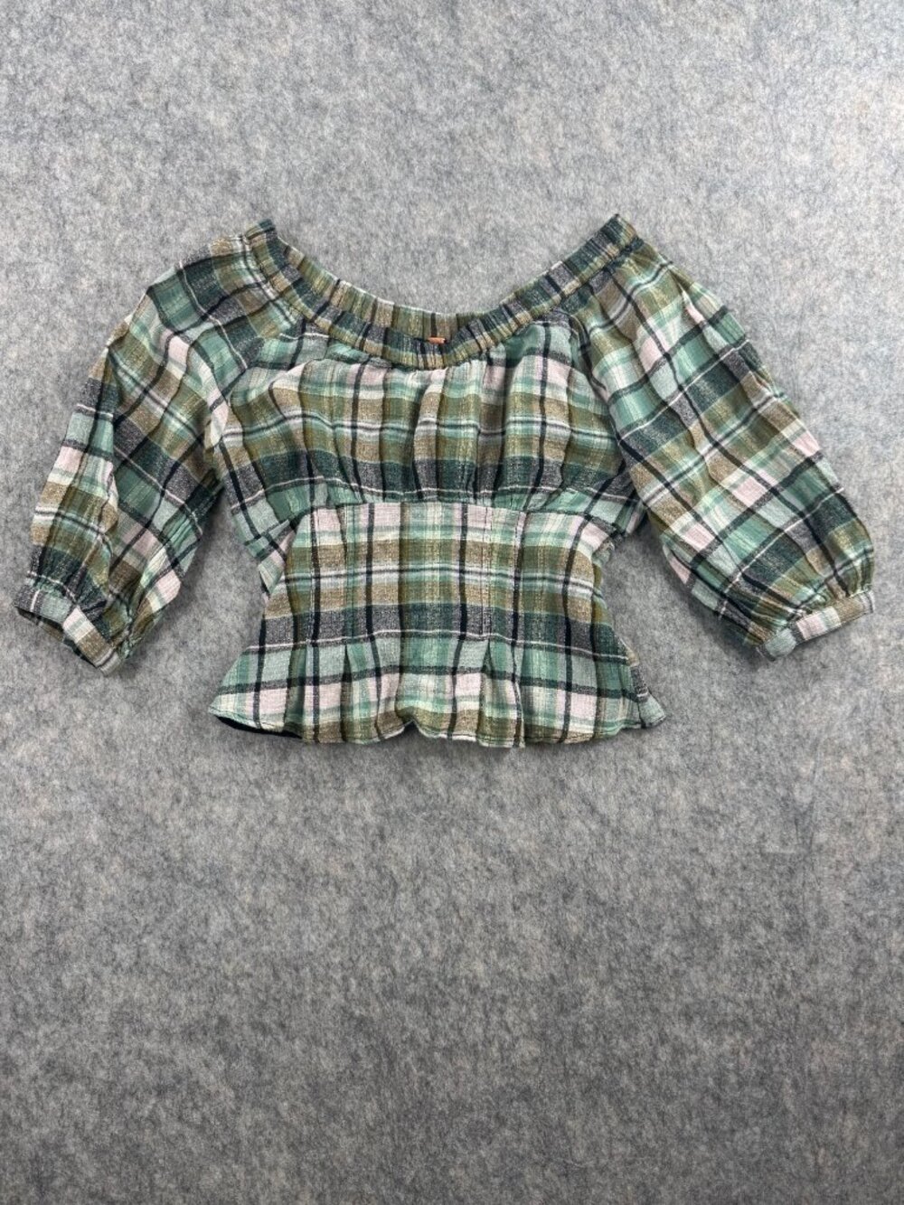 Free People Teagan Plaid Puff Sleeve Top Sz M Romantic